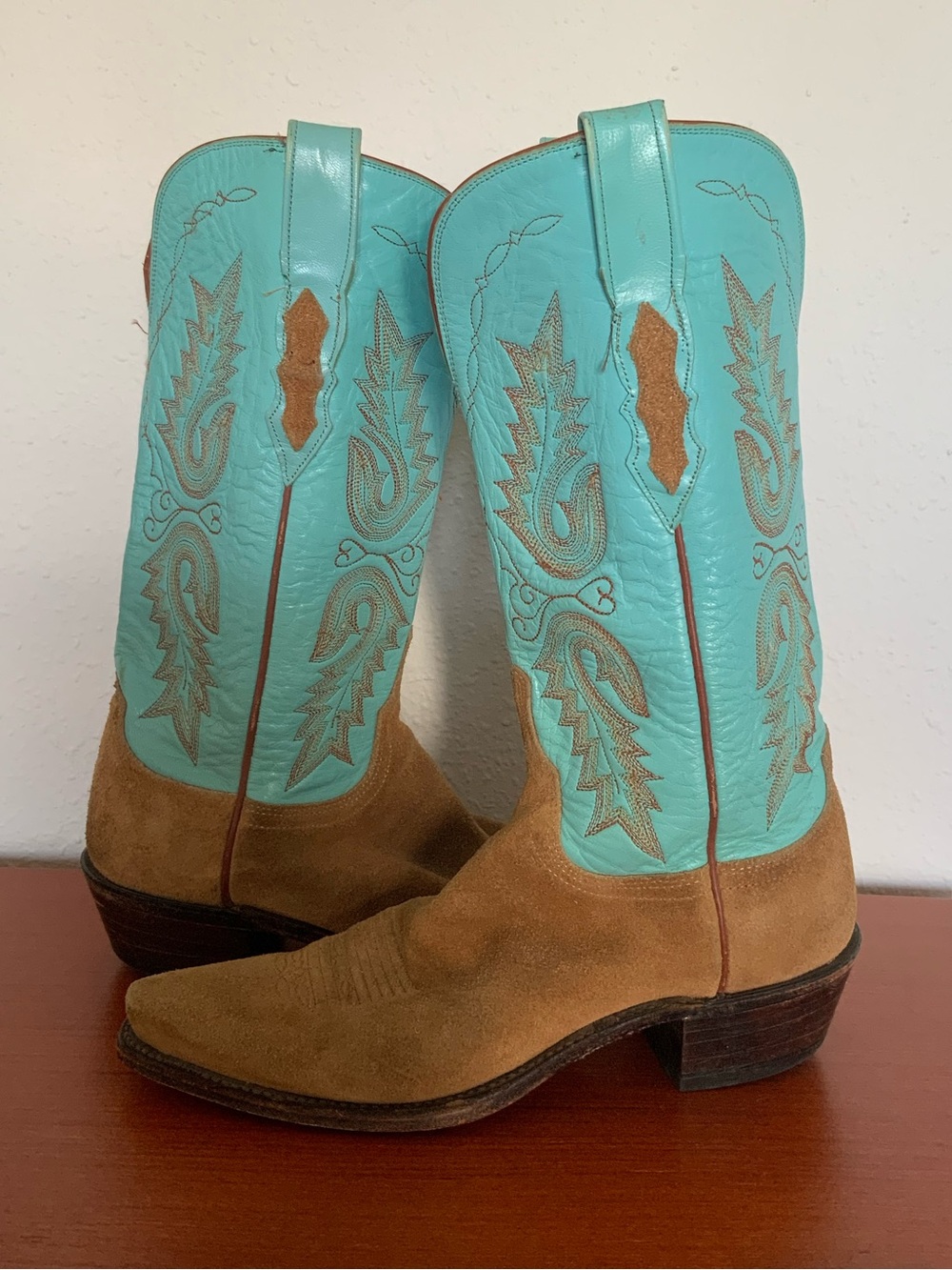 Vintage Turquoise and Brown Suede Lucchese Cowboy Boots 8B